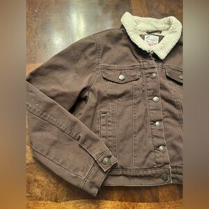 Stoosh Vintage Brown Sherpa Denim Jacket Womens Large Fits Small Cropped Trucker
